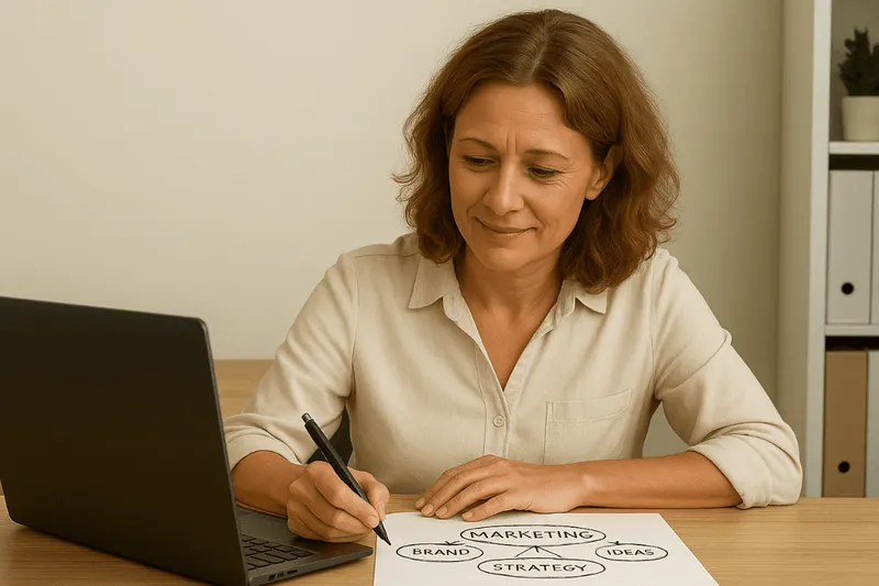 Konzentrierte Frau am Laptop zeichnet ein Marketingdiagramm – Sinnbild für strukturiertes Praxismanagement, Branding und strategische Praxisoptimierung, wie sie Sabine Jechow Heilberufen vermittelt.