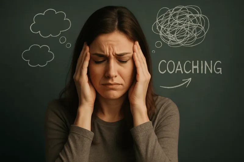 Eine gestresste Frau steht mit schmerzvollem Ausdruck vor einer beschrifteten Tafel – sie zeigt deutlich den Bedarf an Mentaltraining und Mindset Coaching bei Überforderung, wie sie im Coaching von Sabine Jechow behandelt werden.