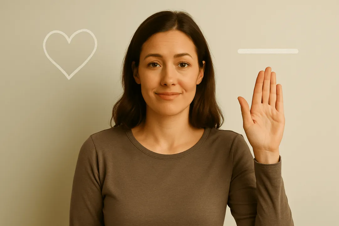 Junge Frau hebt neutral die Hand neben einem Herz- und Minuszeichen – dieses Bild steht für emotionale Abgrenzung und Selbstfürsorge, zentrale Themen im Life Coaching und Resilienz Coaching bei Sabine Jechow.