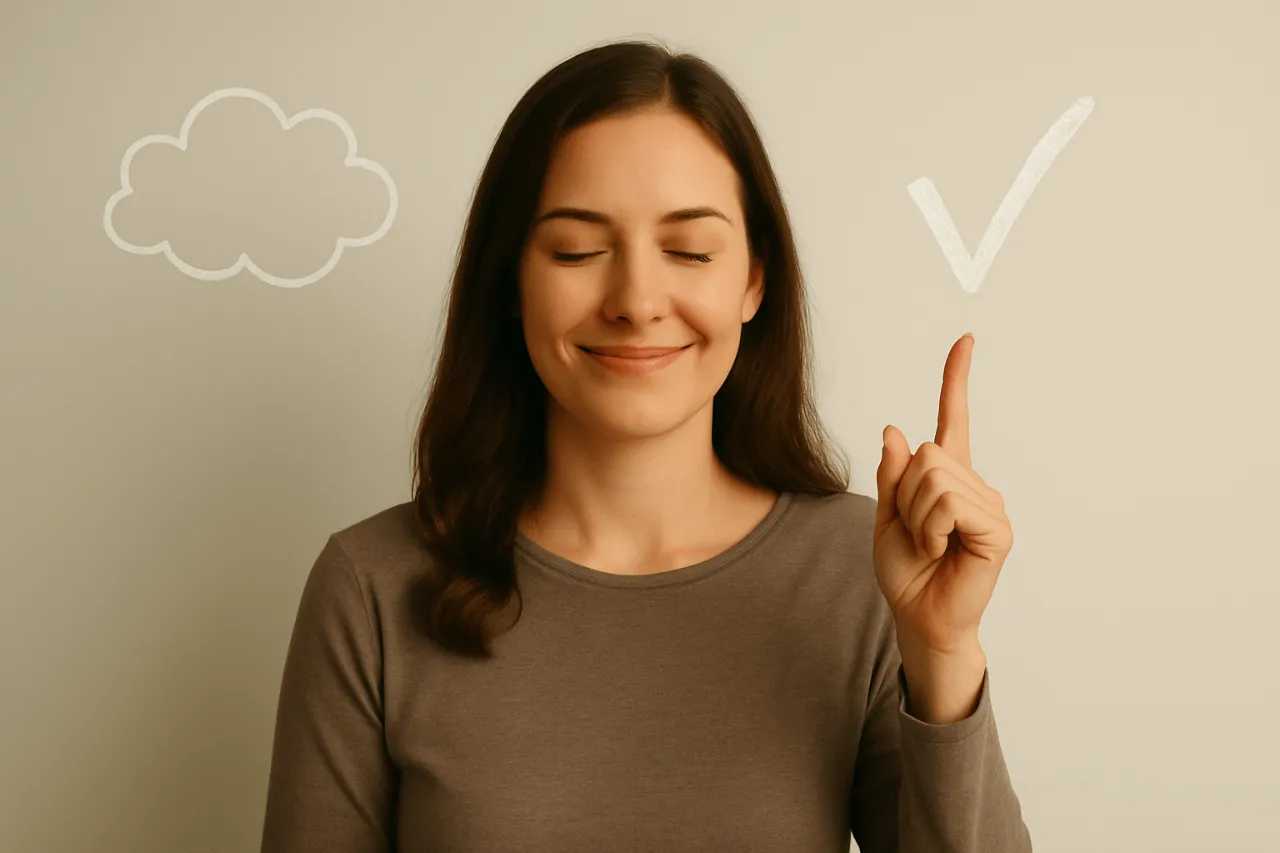 Die Frau hebt ihren Finger zwischen einer Gedankenwolke und einem Häkchen – ein starkes Bild für bewusste Entscheidungen, mentale Klarheit und Achtsamkeitstraining, wie sie durch das Coaching von Sabine Jechow unterstützt werden.