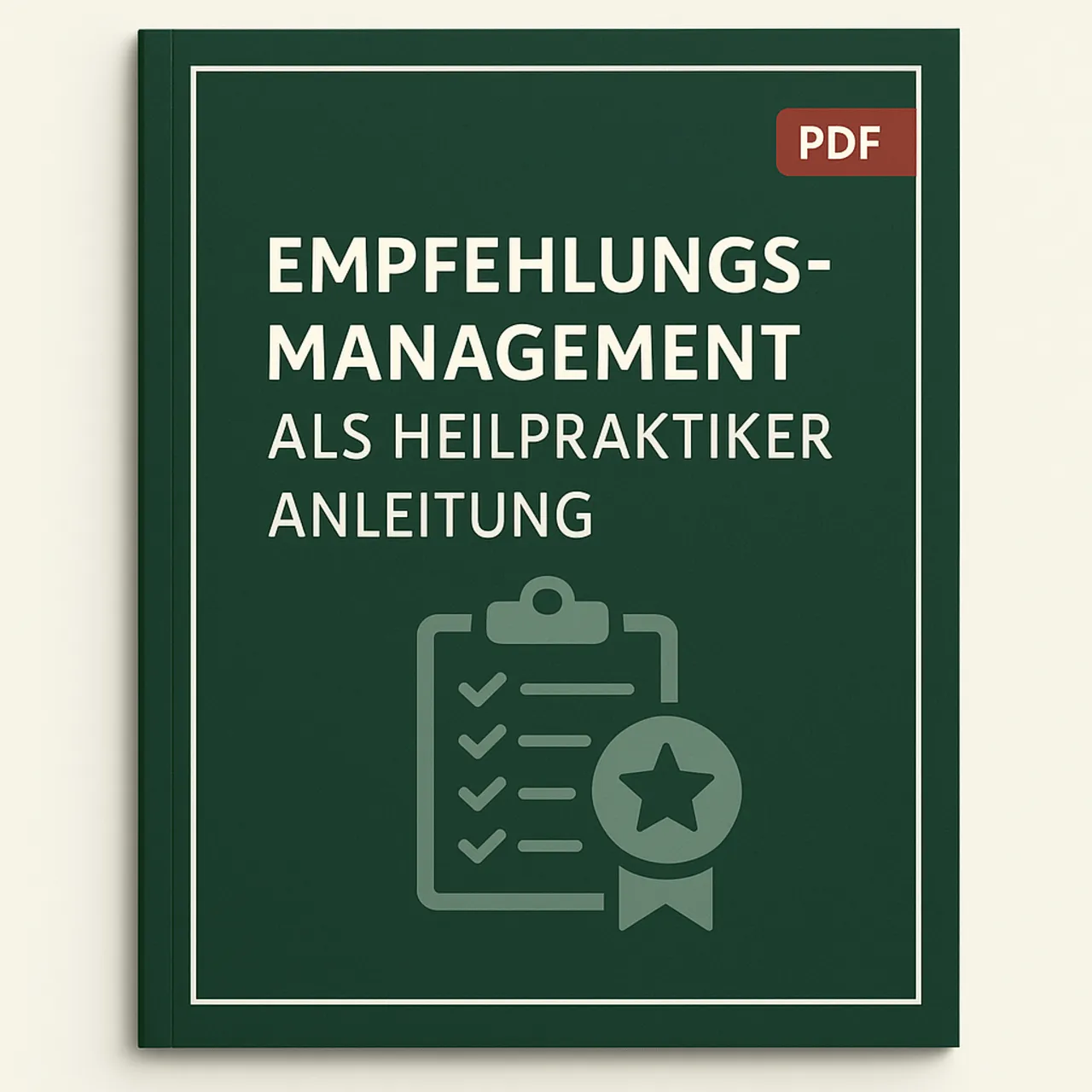Das grüne Cover der PDF-Anleitung „Empfehlungsmanagement als Heilpraktiker“ zeigt eine grafische Checkliste mit Auszeichnungs-Symbol – ideal für Heilpraktiker, die ihre Patientenbindung über systematisches Empfehlungsmarketing stärken möchten.