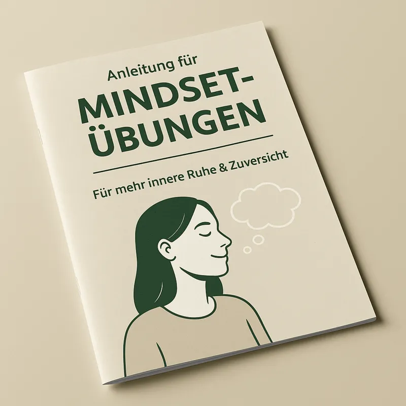 Das beige Cover der Broschüre zeigt eine stilisierte Frau mit geschlossenen Augen und Gedankenblase – die Anleitung vermittelt einfache Mindset-Übungen zur Förderung von innerer Stärke und mentaler Balance.