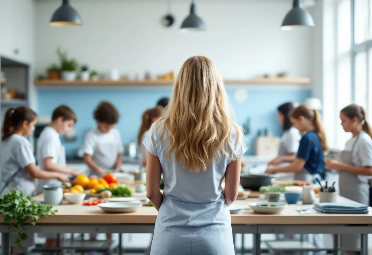 Eine Frau steht in einem Workshop vorne und bereitet gesundes Essen zu.