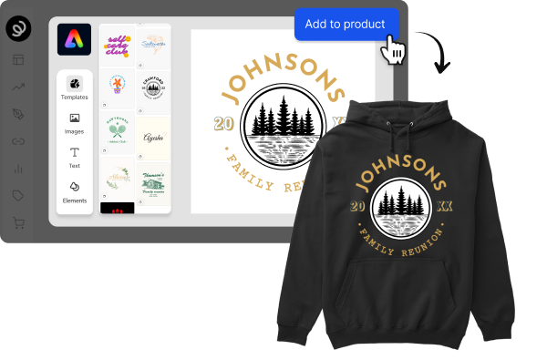 Adobe express user interface showcasing a graphic someone editing an then tapping "add to product" to add on to their apparel