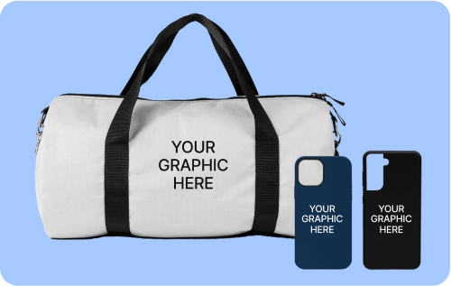 Collection of accessories including gym bag and custom phone cases