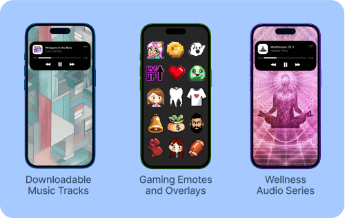 Collection of digital assets on phones including emotes, graphics and audio files
