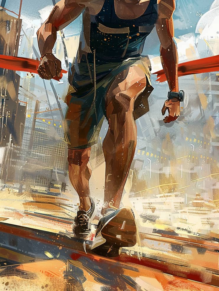 Ein dynamisch gemalter Läufer durchbricht im Zielspurt ein rotes Band; seine muskulösen Beine im Fokus, umgeben von urbaner Kulisse und Lichtreflexen, die Geschwindigkeit und Entschlossenheit betonen.