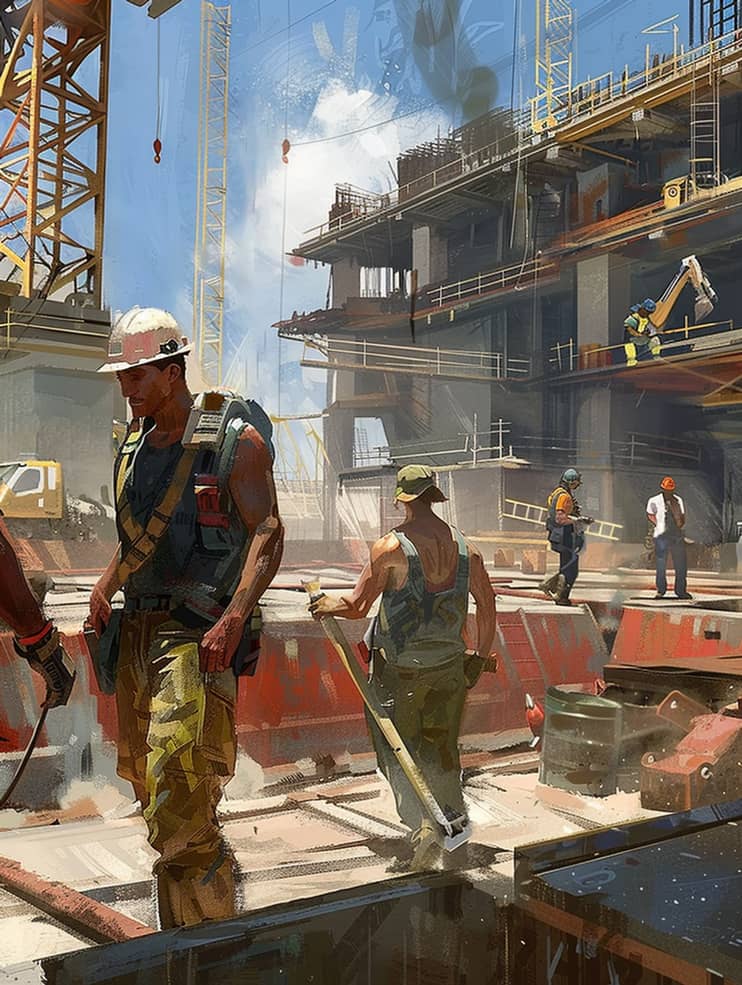 Auf einer lebhaften Baustelle arbeiten mehrere Bauarbeiter zwischen Kränen und Stahlgerüsten an einem Hochhaus; Sonnenlicht fällt durch Staub in der Luft, während im Hintergrund neue Etagen montiert werden.