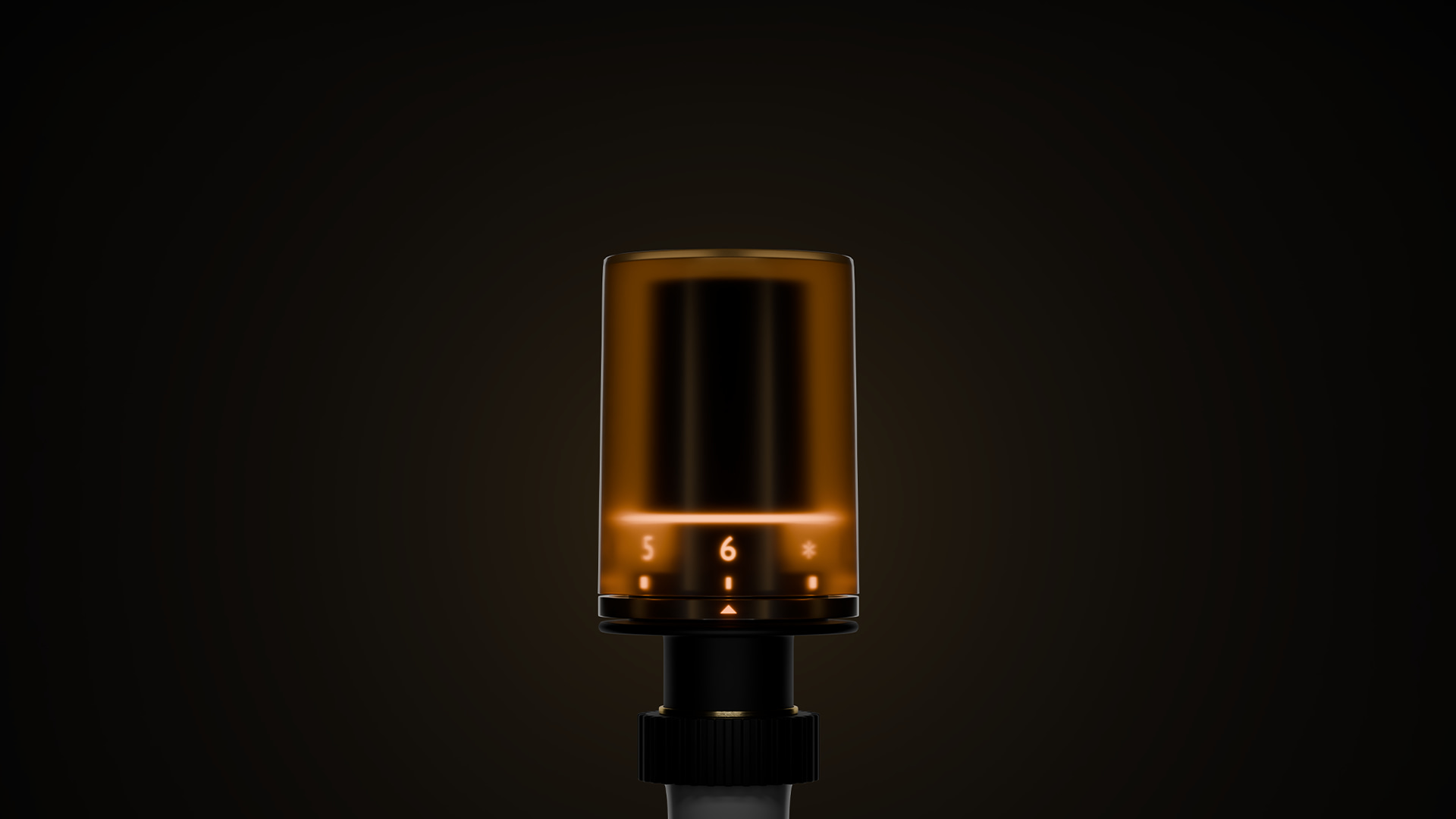 Ein stilvoll inszeniertes smartes Heizkörperthermostat mit zylindrischer Form und bernsteinfarbener LED-Anzeige vor dunklem Hintergrund – minimalistisch, futuristisch und hochwertig.