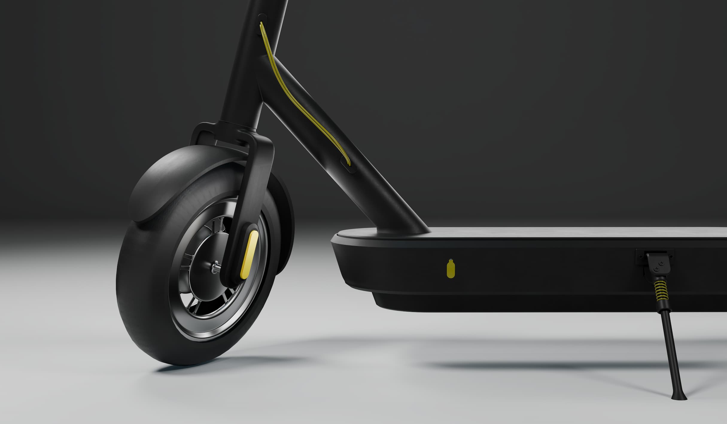 Detailbild eines E-Scooters mit Fokus auf Reifen, Reflektoren und Ladeanschluss