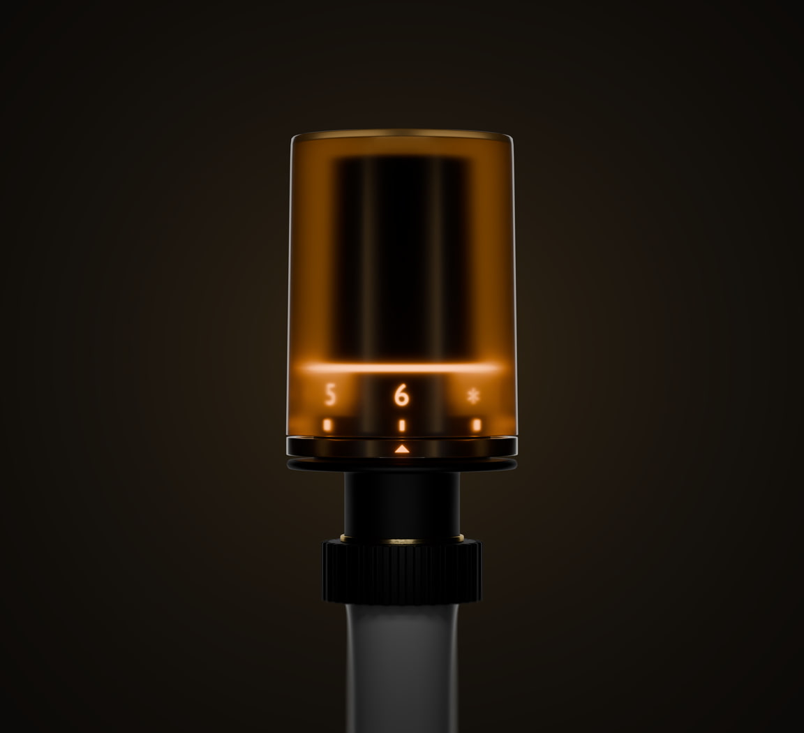 Ein stilvoll inszeniertes smartes Heizkörperthermostat mit zylindrischer Form und bernsteinfarbener LED-Anzeige vor dunklem Hintergrund – minimalistisch, futuristisch und hochwertig.