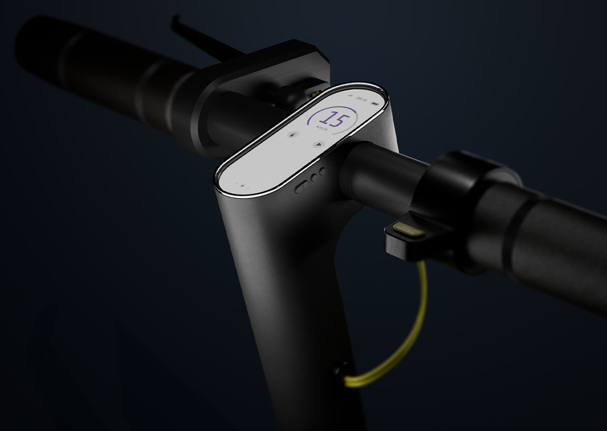 Beleuchtetes E-Scooter Smart Display mit gelbem Kabel