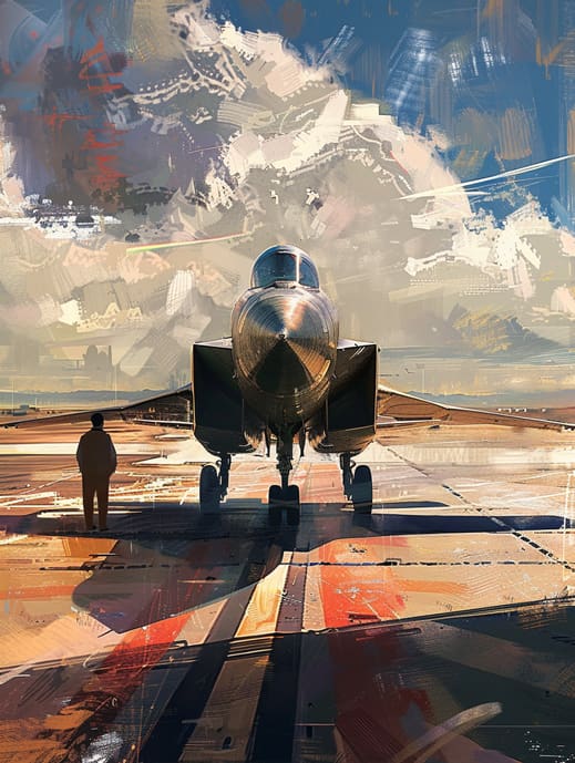 Illustration eines Kampfjets der auf einer Landebahn von einem Pilot begutachtet wird