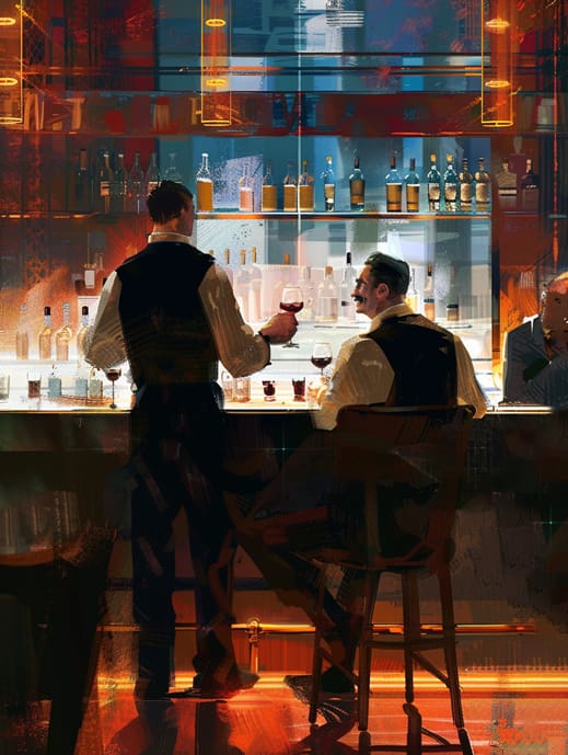Illustration von zwei Männern die ein Glas Wein an der Bar trinken