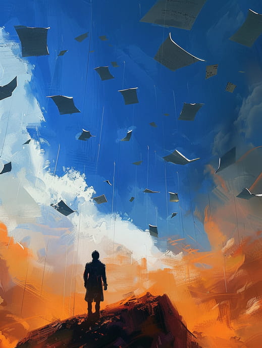 Ein Mann betrachtet fliegende Zettel im Himmel über ihm