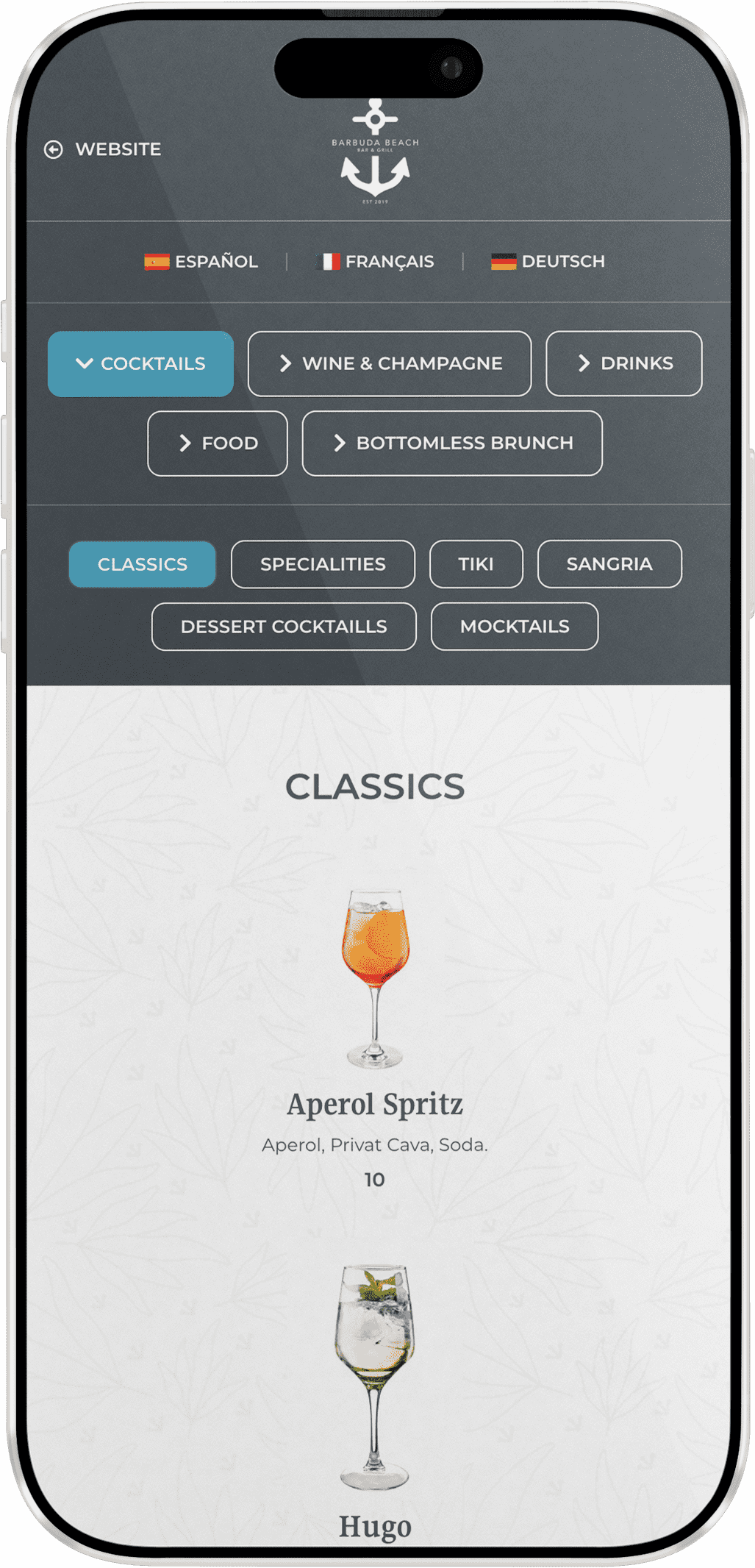 Restaurant website in a mobile
