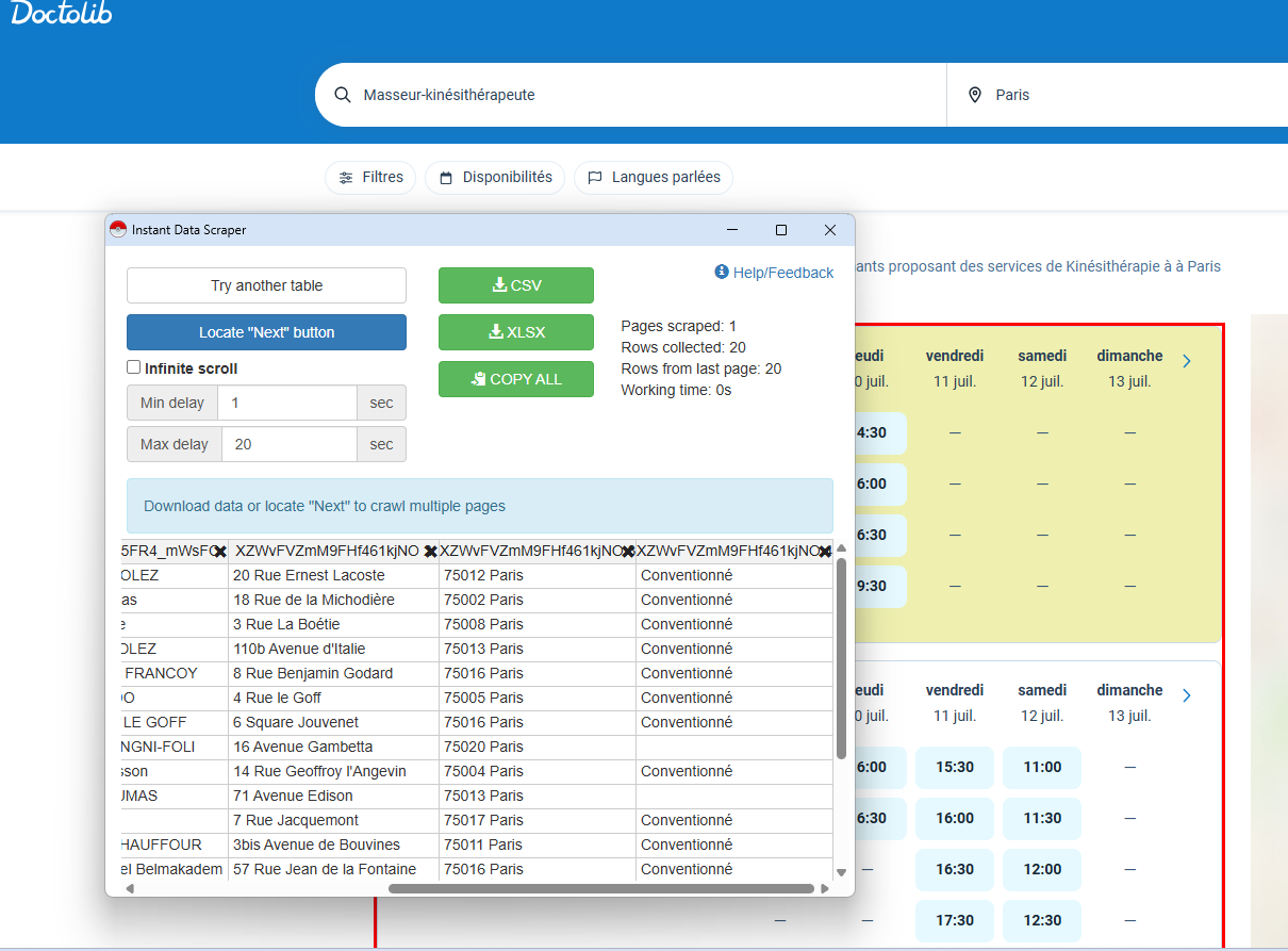 Instant Data Scaper - web scraper doctolib.fr