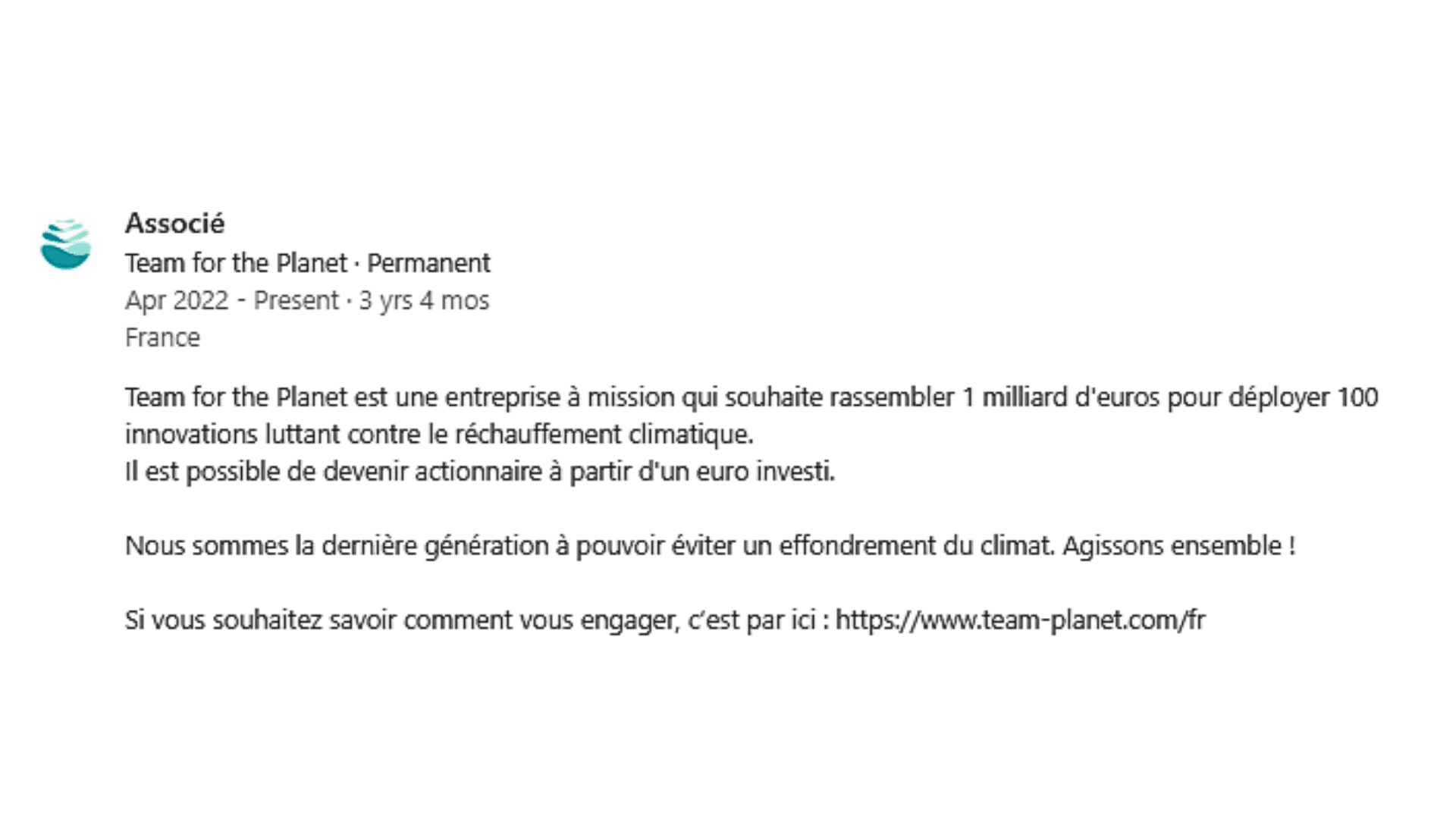 Classification unpaid pour actionnaire Team for the planet