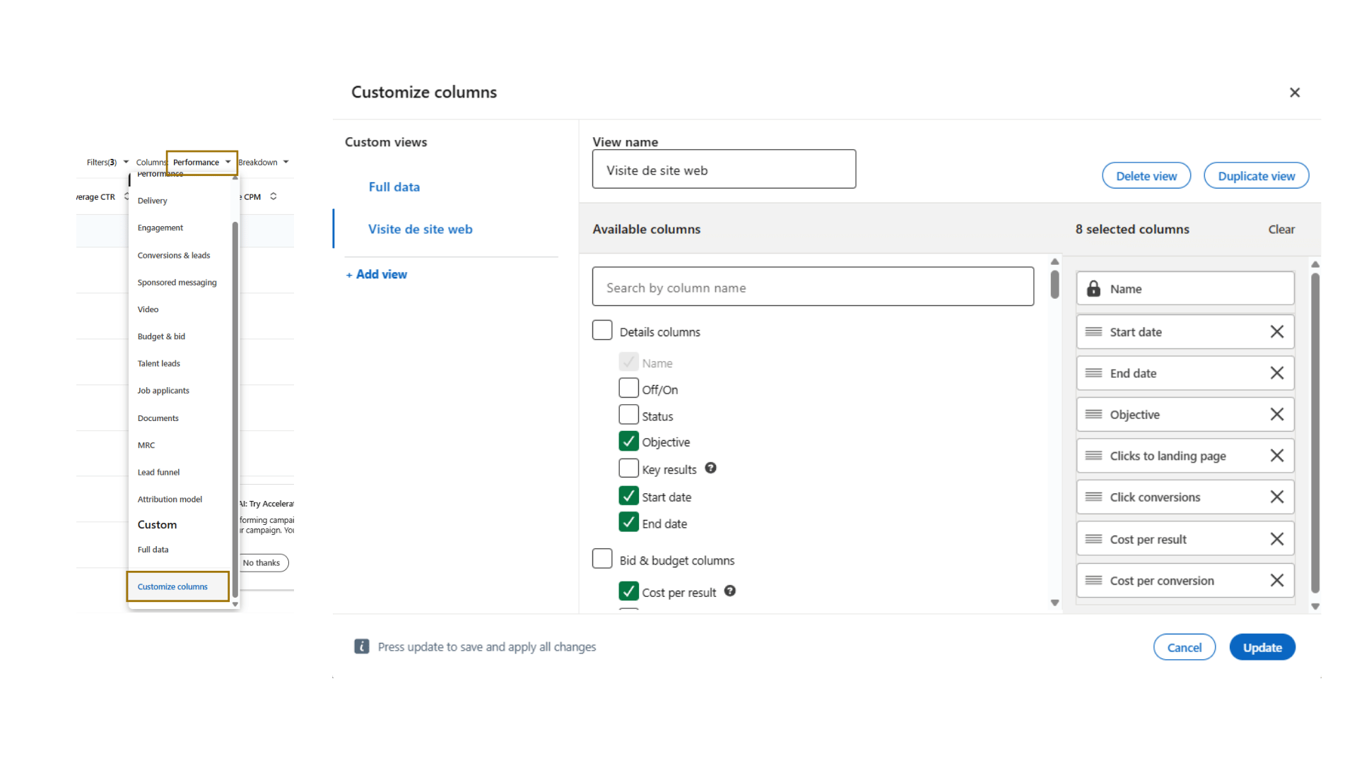 Personnalisation des colonnes de rapport dans LinkedIn Campaign Manager