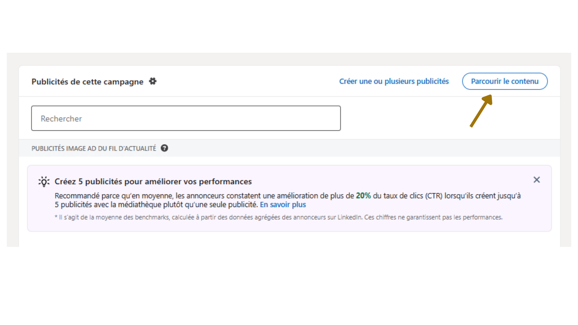 TLA LinkedIn - cliquer sur parcourir le contenu lors de la création de votre publicité