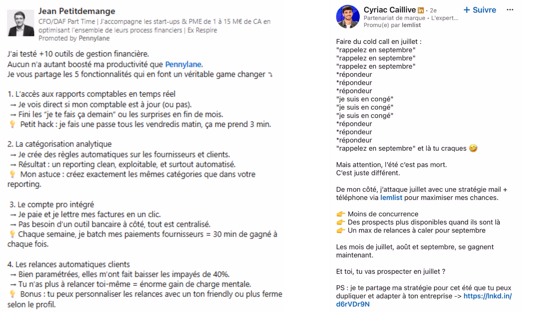 2 exemples de posts LinkedIn sur des avis de partenaires
