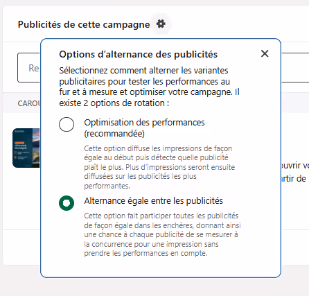Options d'alternance des publicités LinkedIn ads