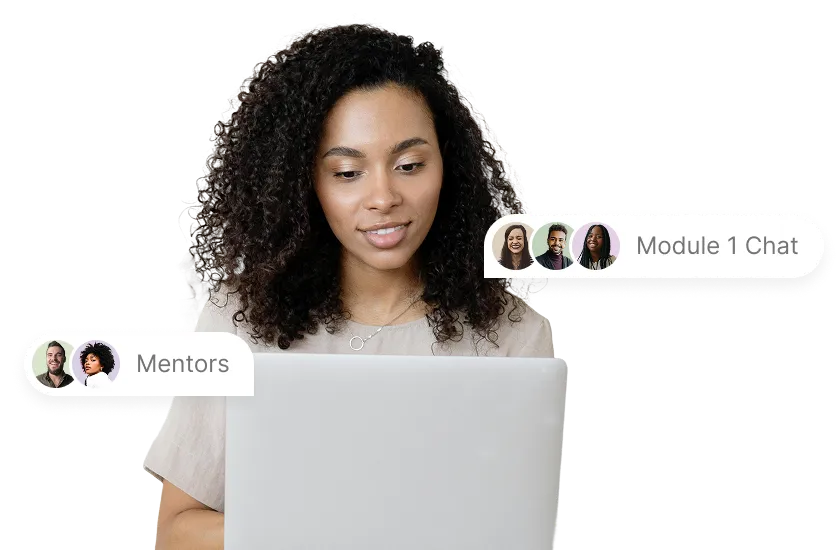 Woman with curly hair looking at a laptop screen with chat labels 'Mentors' and 'Module 1 Chat' with profile pictures around her.