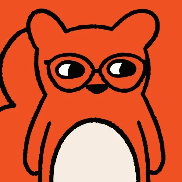 Illustration of an orange squirrel with glasses and a white belly on an orange background.