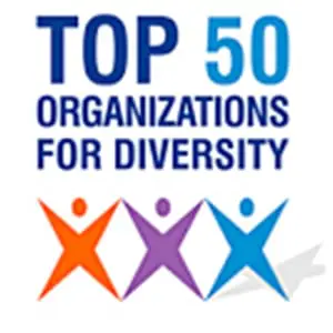 Logo with text 'Top 50 Organizations for Diversity' above three stylized human figures in orange, purple, and blue.