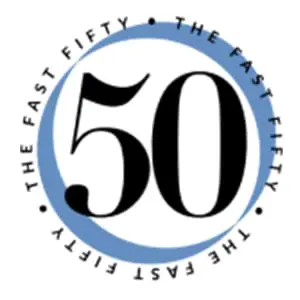 Number 50 in large black font inside a blue circle with the text 'The Fast Fifty' repeated around it.
