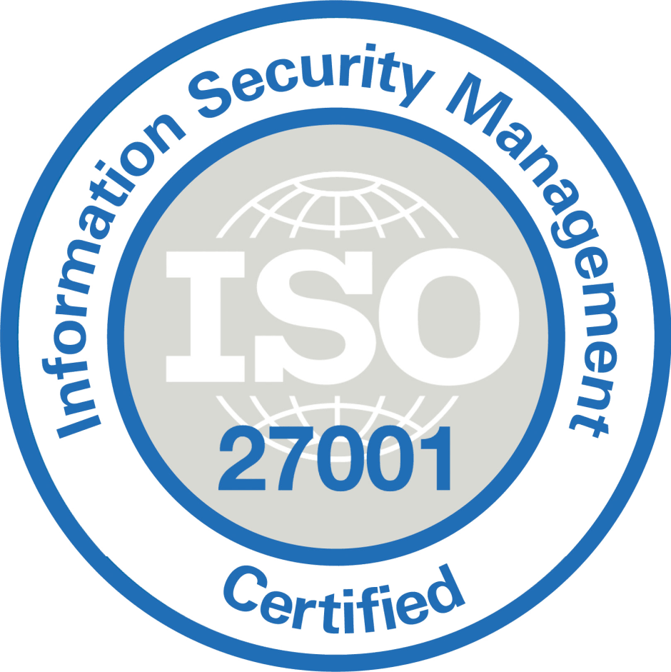 ISO 27001 Information Security Management Certified seal with globe icon.