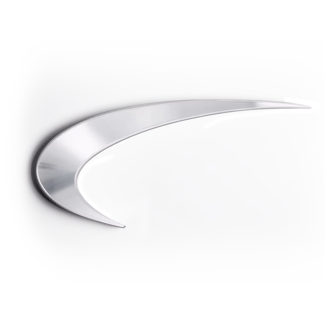 Sleek, curved silver metallic swoosh shape on a light gray background.