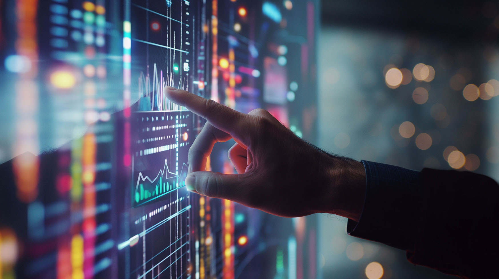 Hand pointing at digital data charts and graphs on a transparent screen with colorful bokeh background.