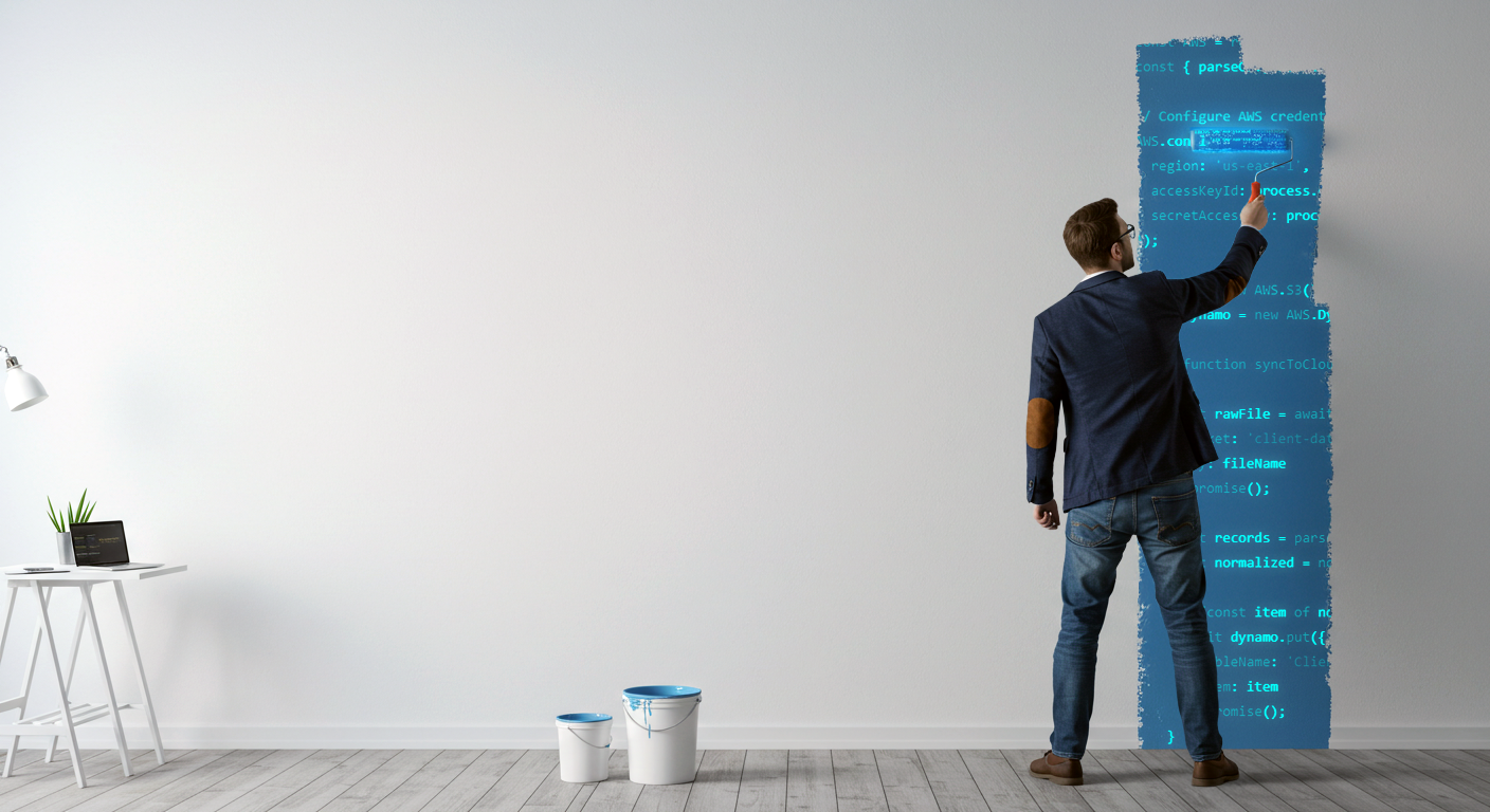 Man in blazer painting a wall with blue paint revealing lines of computer code underneath.