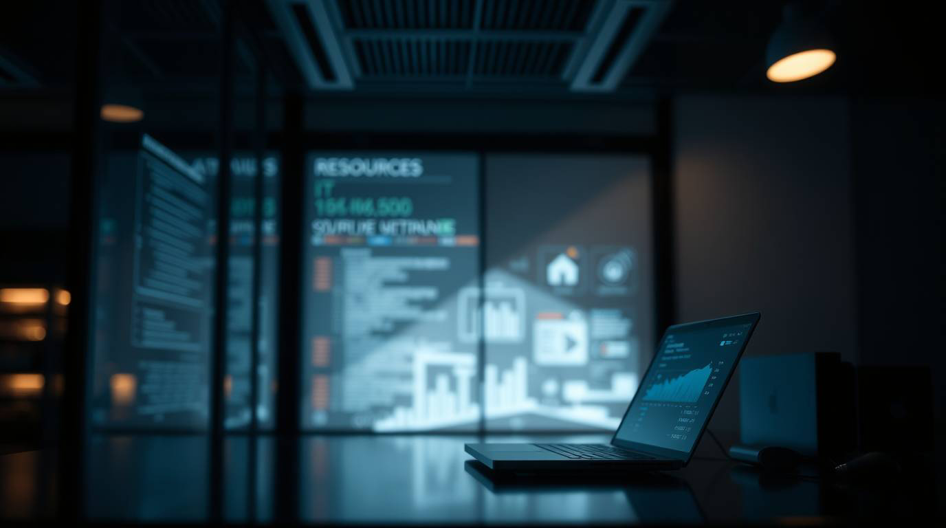 Laptop on dark desk displaying financial data with charts in a dimly lit office.