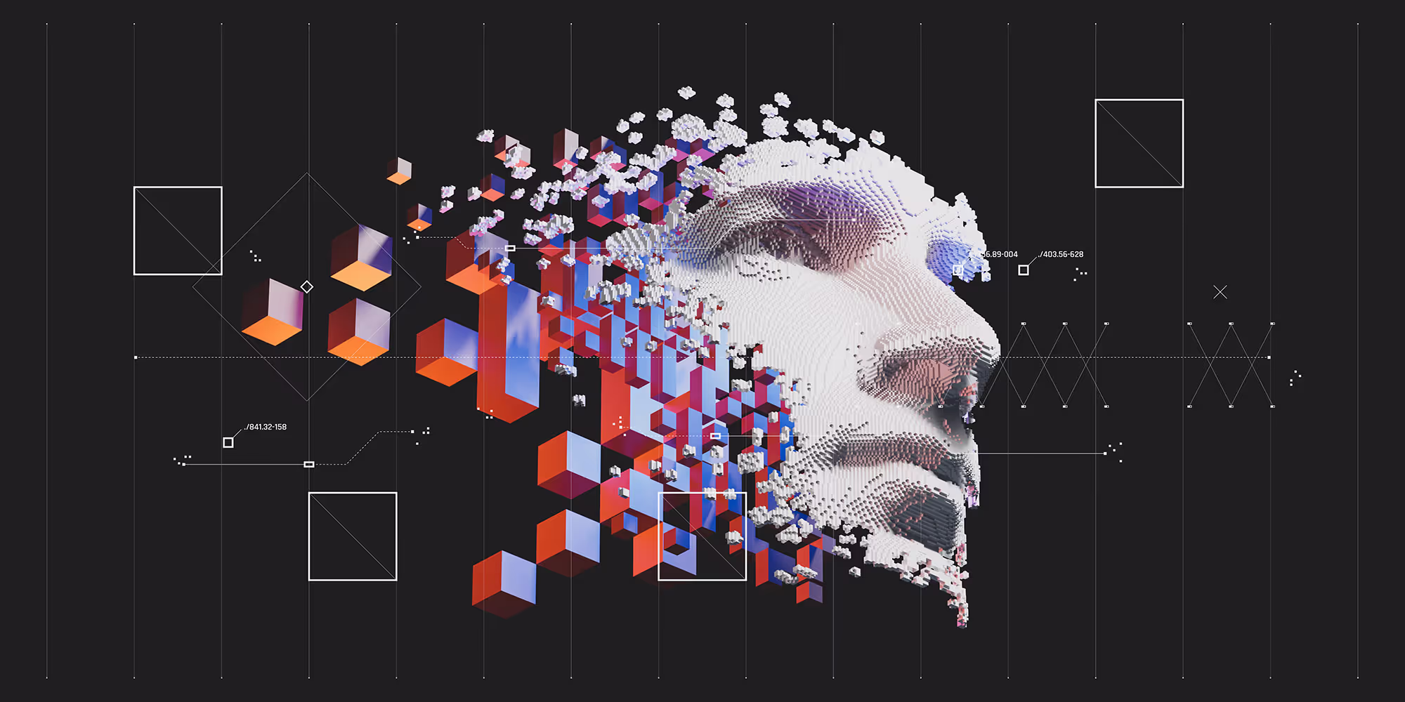 Digitally constructed human face made of white cube pixels dissolving into colorful red and blue cubes on a dark background with graphic design elements.
