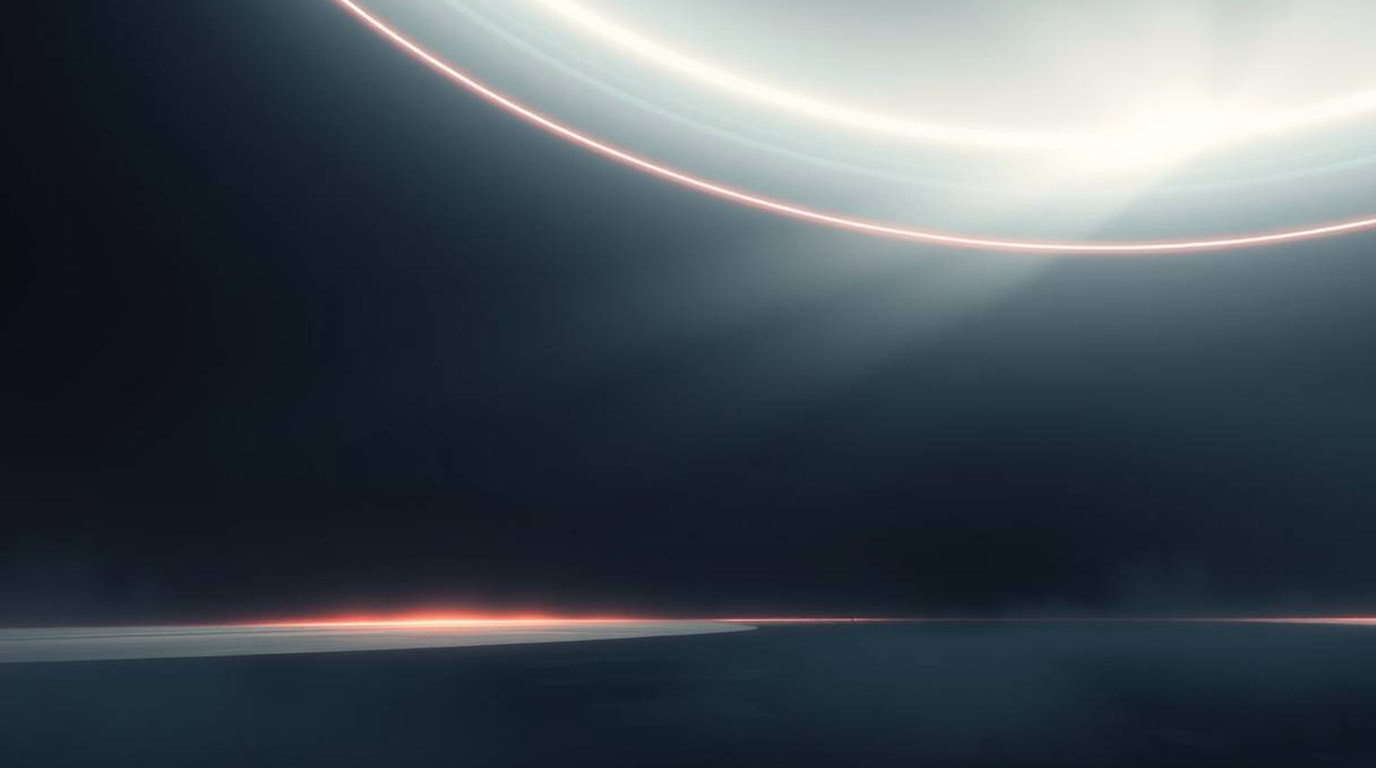 Abstract futuristic landscape with glowing curved lines and a dark horizon.