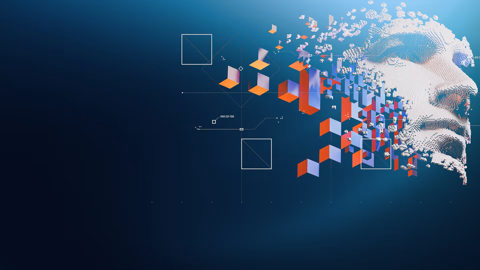 Digital abstract human face made of small cubes and floating geometric shapes on a blue gradient background.