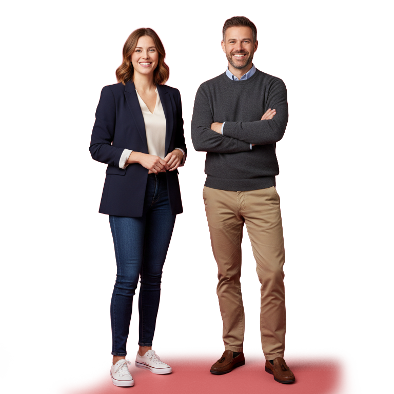 Smiling professional woman in a navy blazer and jeans standing beside a smiling man in a gray sweater and khaki pants.