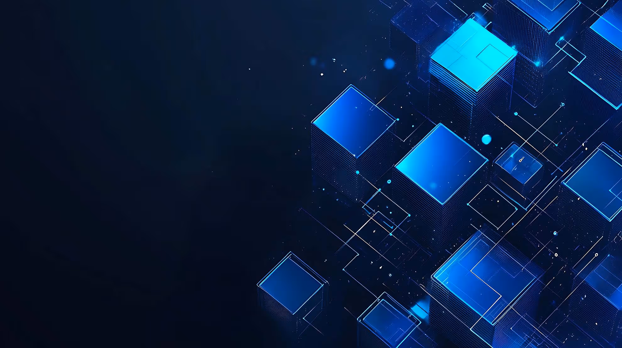 Abstract digital illustration of glowing blue 3D cubes interconnected by thin lines on a dark background.