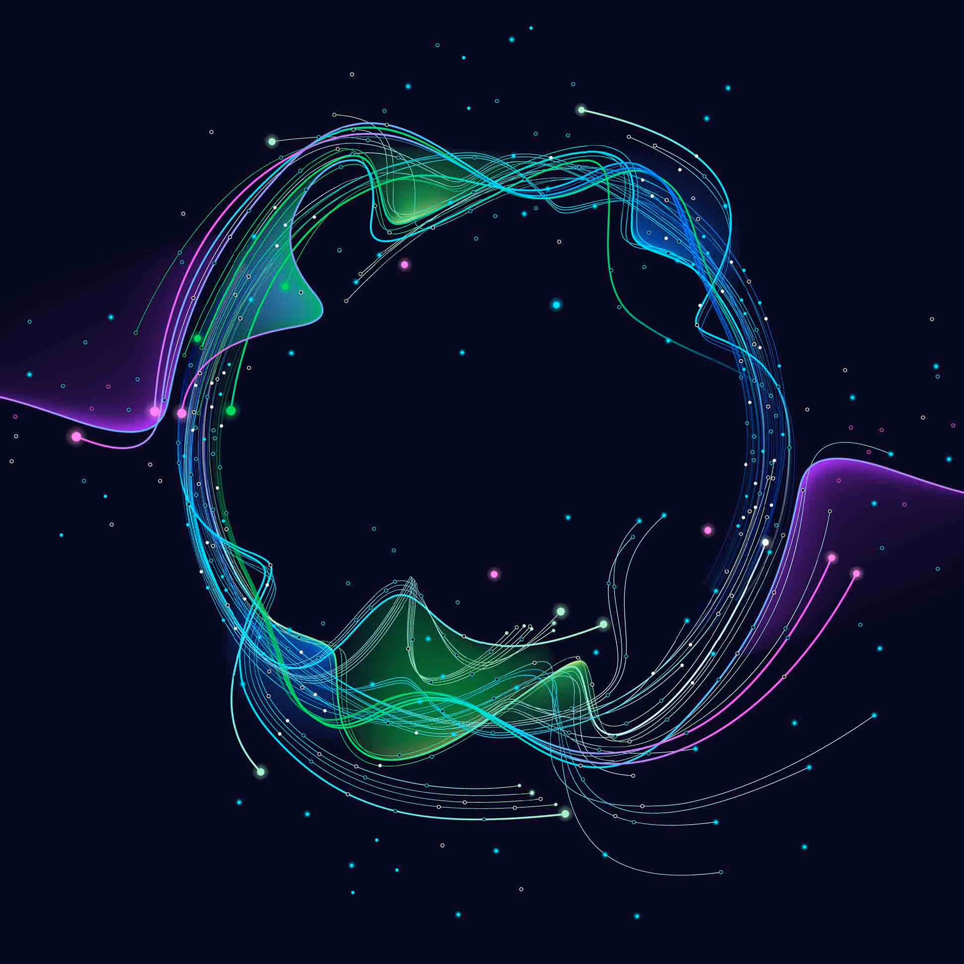 Colorful flowing lines and dots forming a circular, abstract, glowing wave pattern on a dark background.