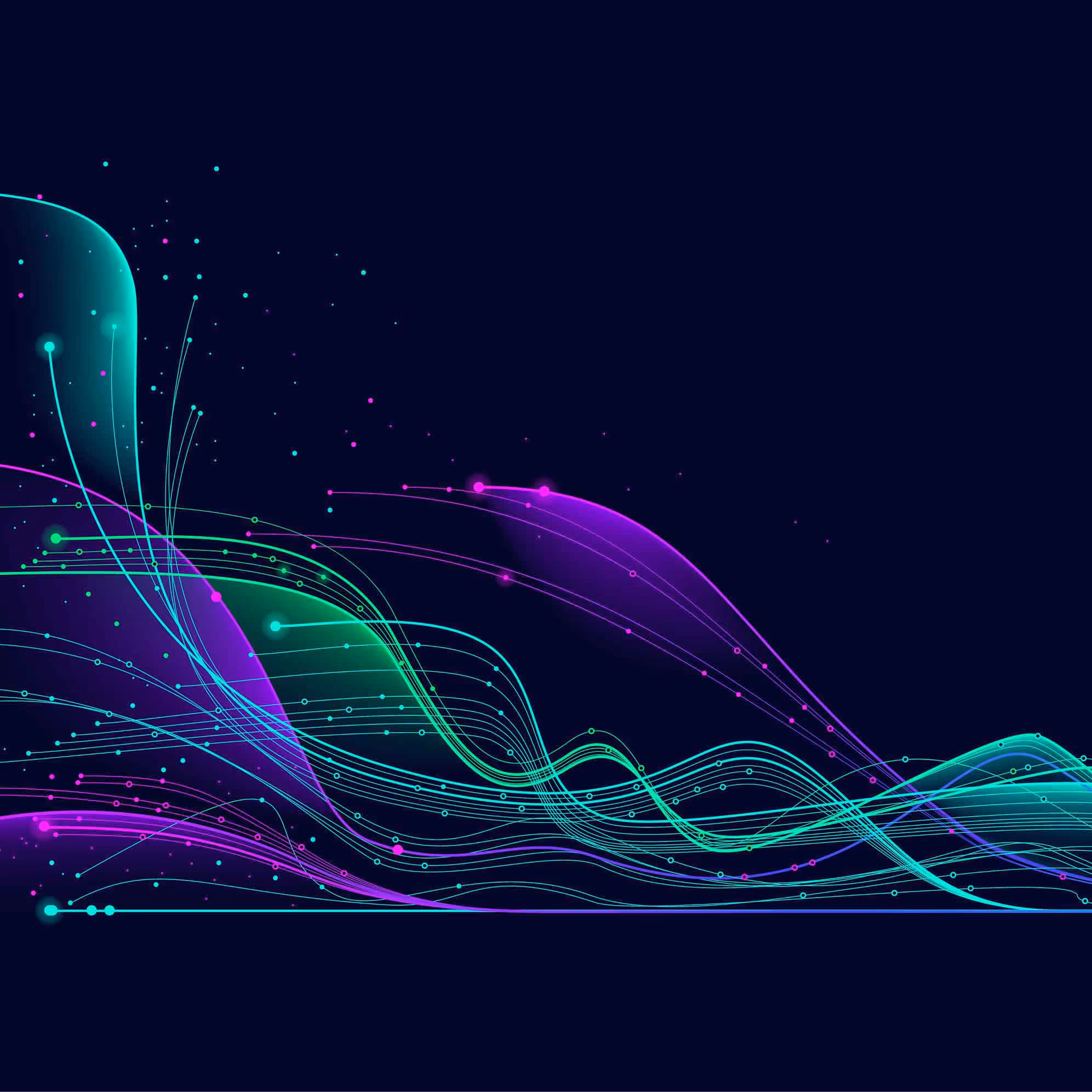 Abstract digital waves in neon green, blue, and purple flowing over a dark background with small glowing dots.