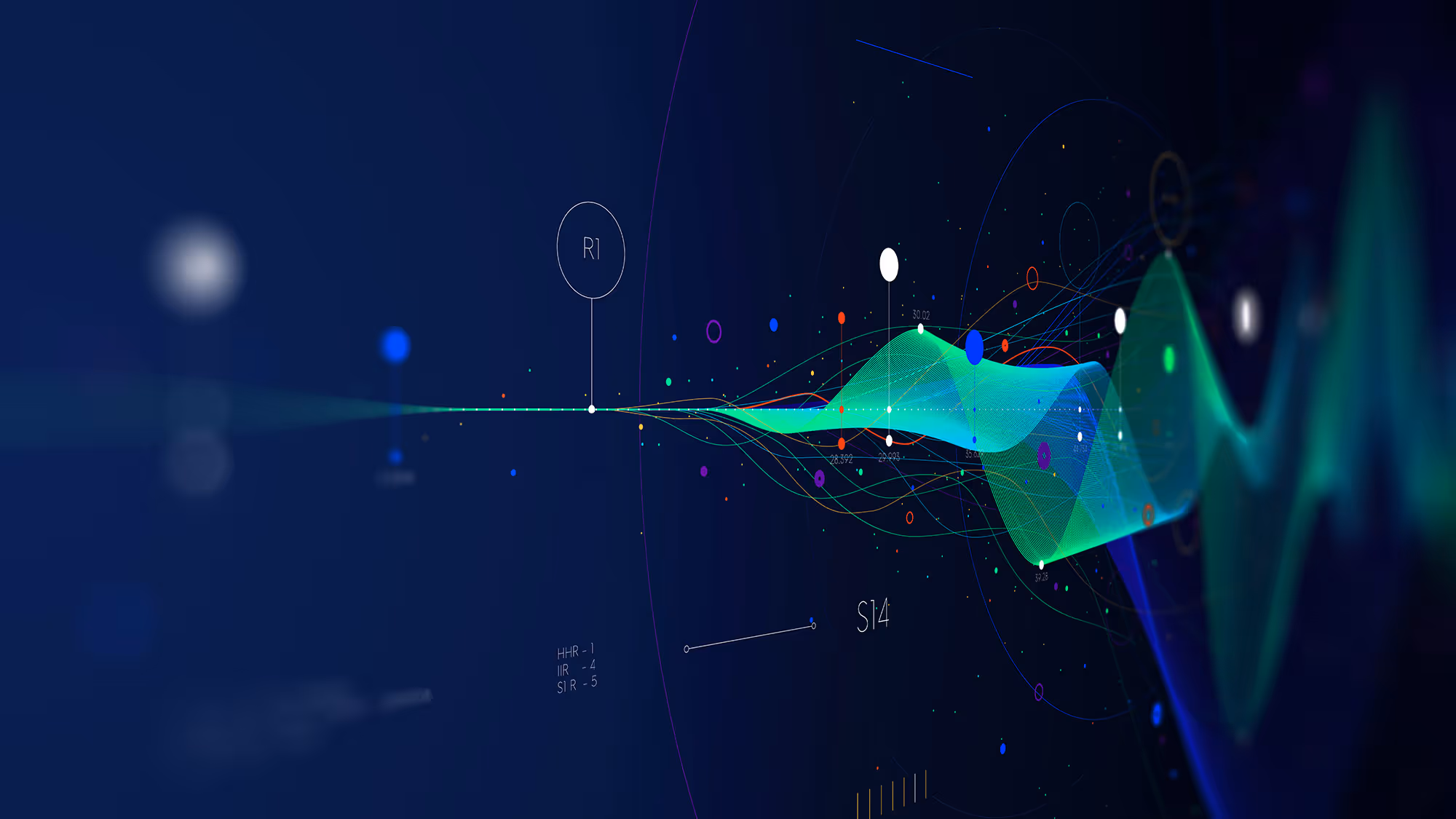Abstract digital waveforms with glowing dots and data points on a dark blue background.