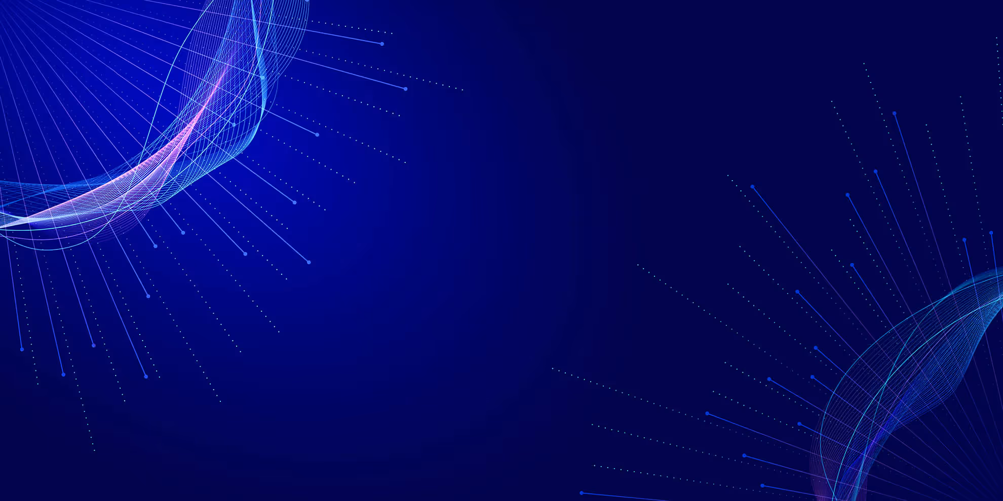 Abstract dark blue background with glowing blue and purple curved grid lines and radiating dotted rays on corners.