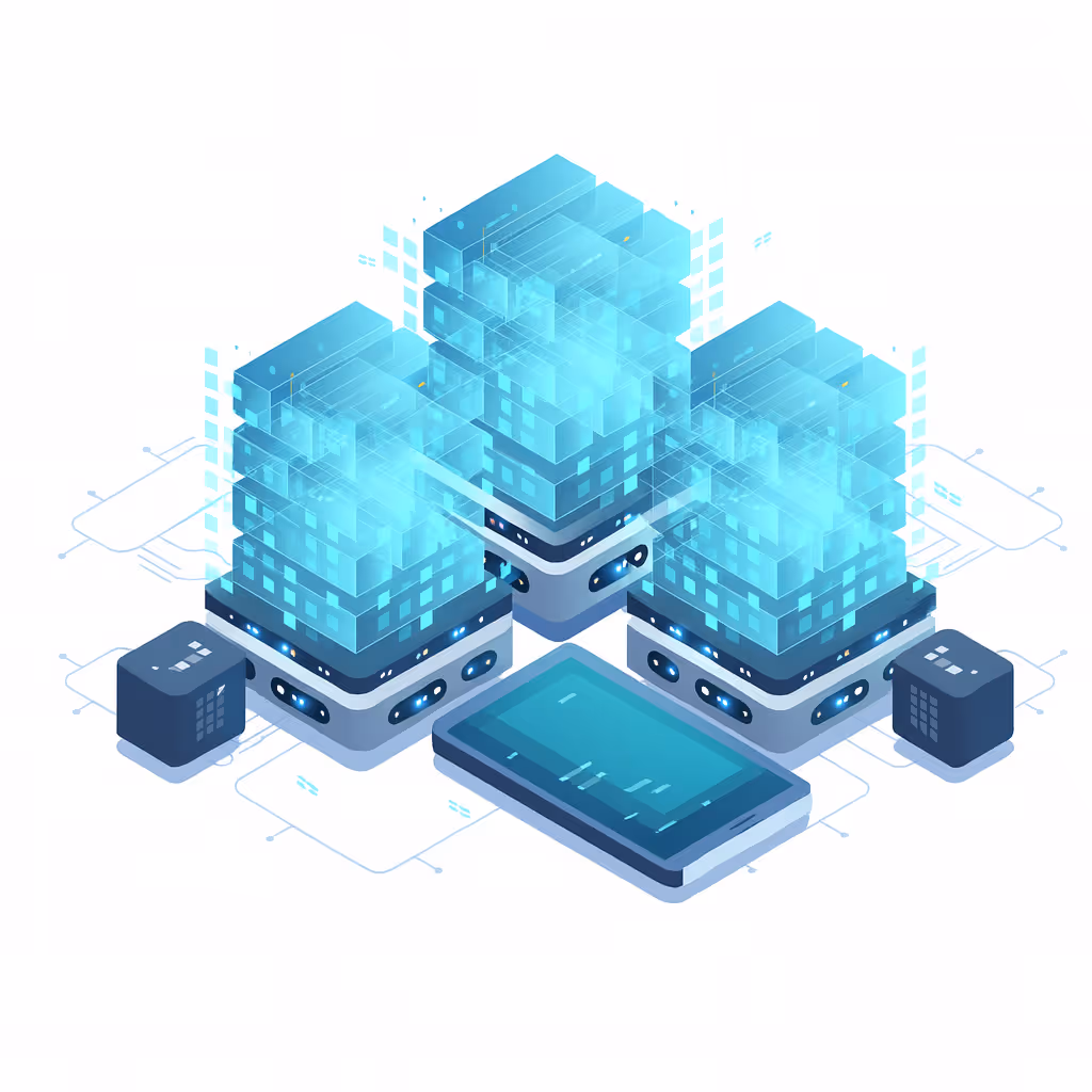 Isometric illustration of three interconnected digital data servers with glowing blue cubes and a touchscreen device.