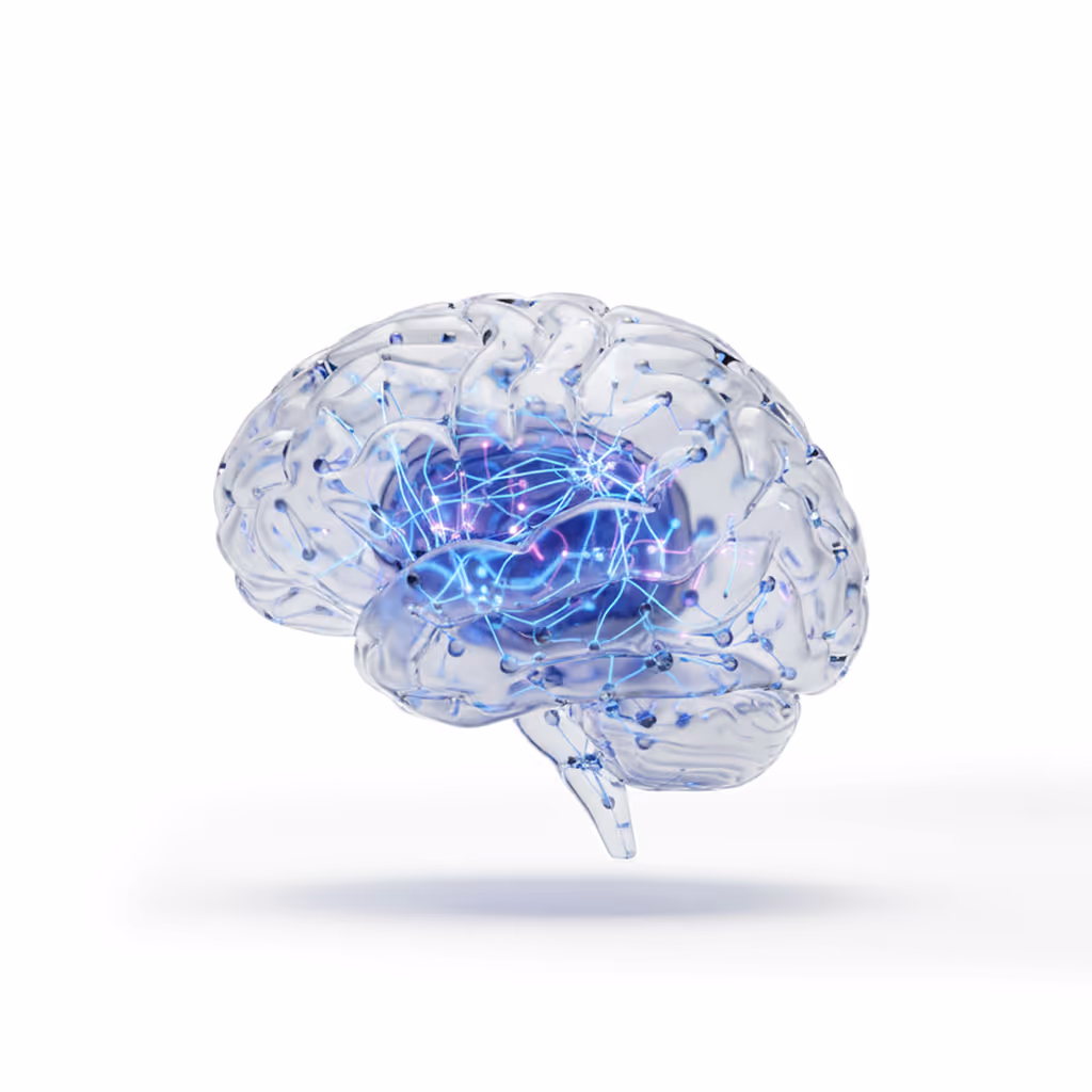 Transparent 3D brain model with glowing blue neural network connections inside.