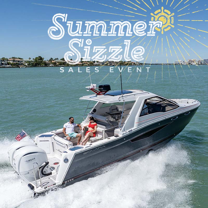 A Cutwater C-32 Coupe and the Summer Sizzle logo above
