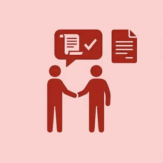 Deux personnes se serrant la main avec des icônes de documents et une coche symbolisant un accord ou une validation.