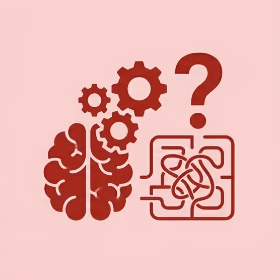 Icône rouge d'un cerveau avec des engrenages et un point d'interrogation au-dessus d'un labyrinthe complexe sur fond rose.