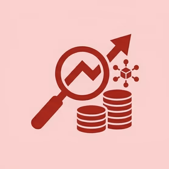 Icône rouge montrant une loupe avec un graphique en hausse, des piles de pièces de monnaie et une flèche pointant vers le haut sur fond rose.